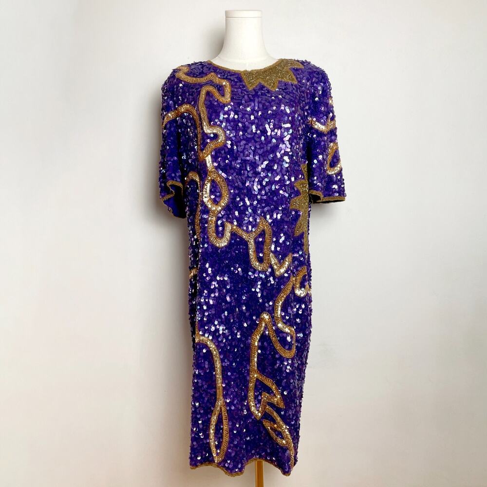 Vintage‎ Laurence Kazar Silk Sequin Dress M Purple Gold Celestial Sun Maximalist